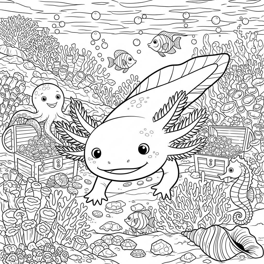 Desenho de Axolote e Um Mundo Subaquático para Colorir