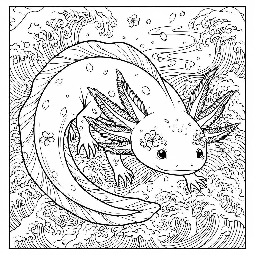Desenho de Axolote em Estilo Japones para Colorir