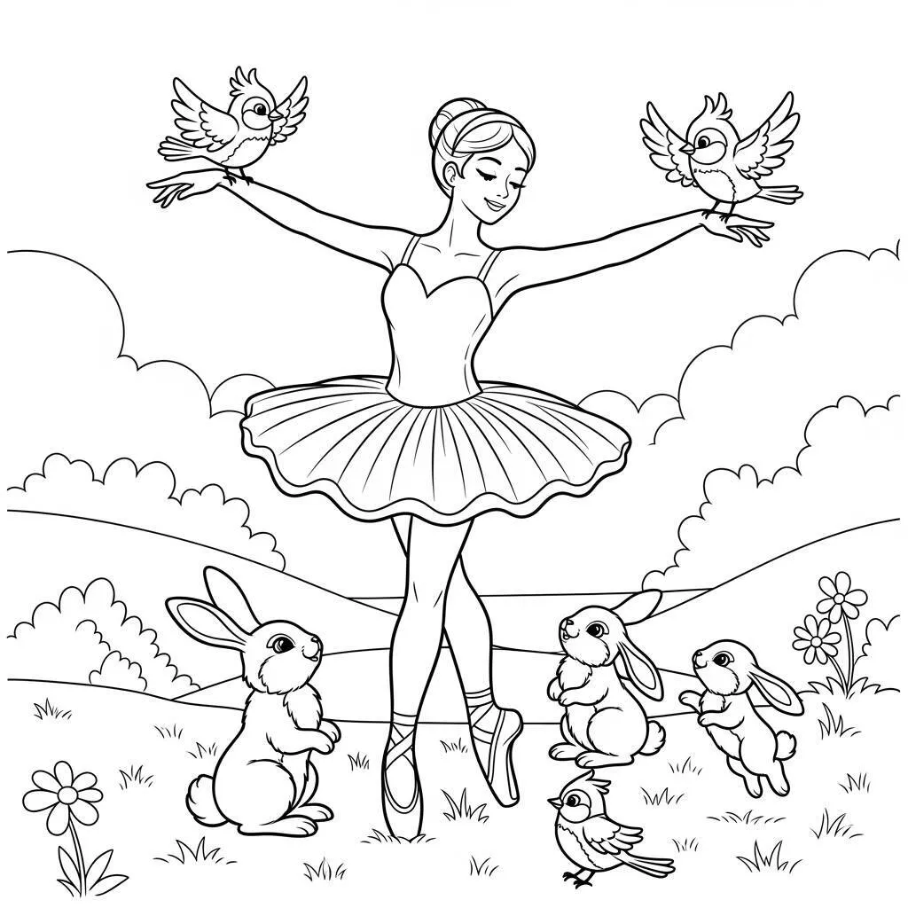 Desenho de Bailarina com Animais para Colorir