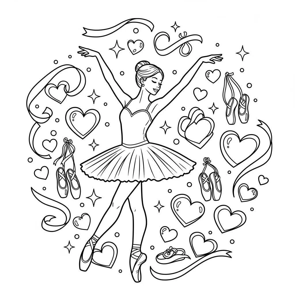 Desenho de Bailarina com Corações para Colorir