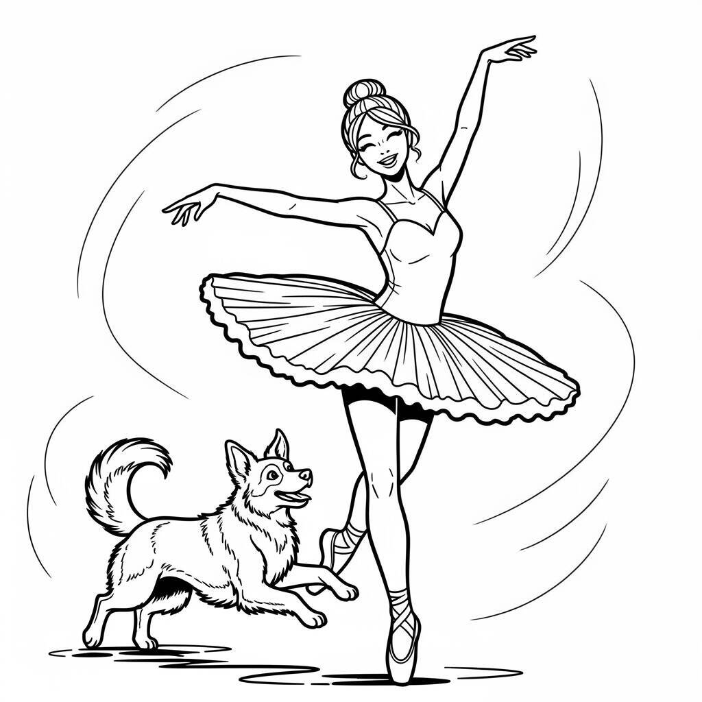 Desenho de Bailarina com um Cão para Colorir