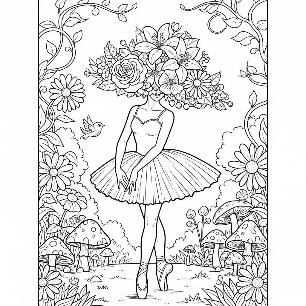 Desenho de Bailarina com um Chapéu Florido para Colorir