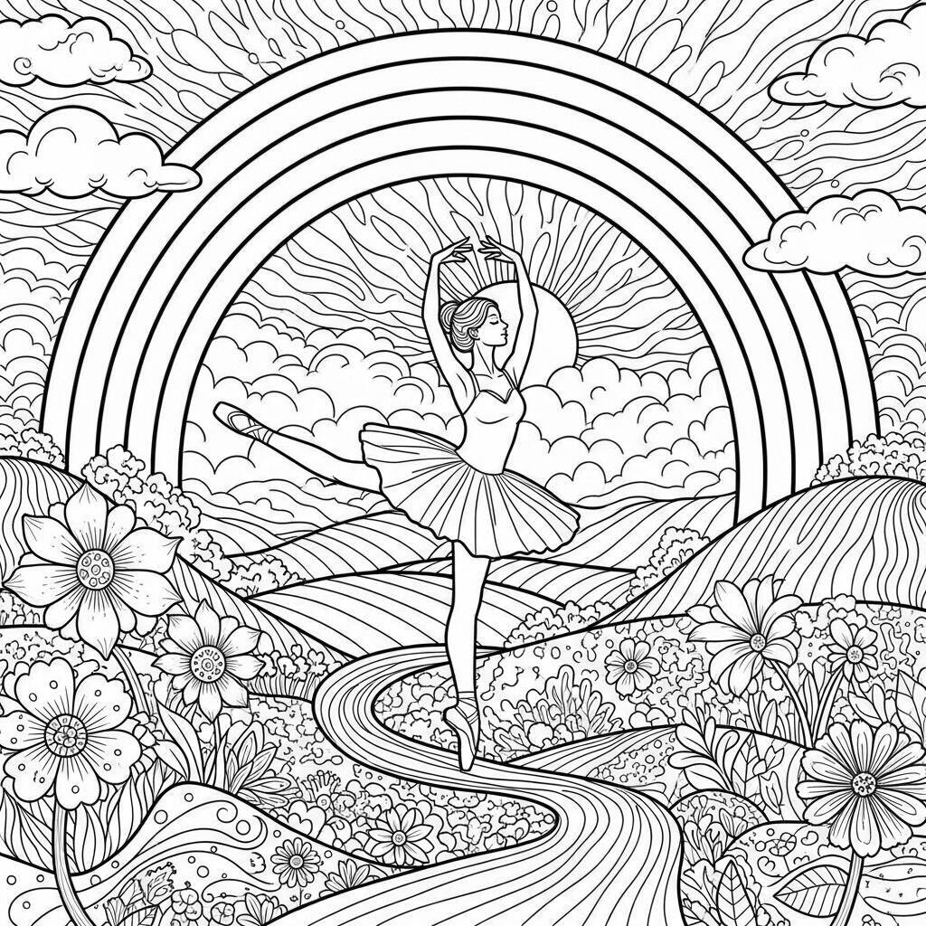 Desenho de Bailarina e Arco-íris para Colorir