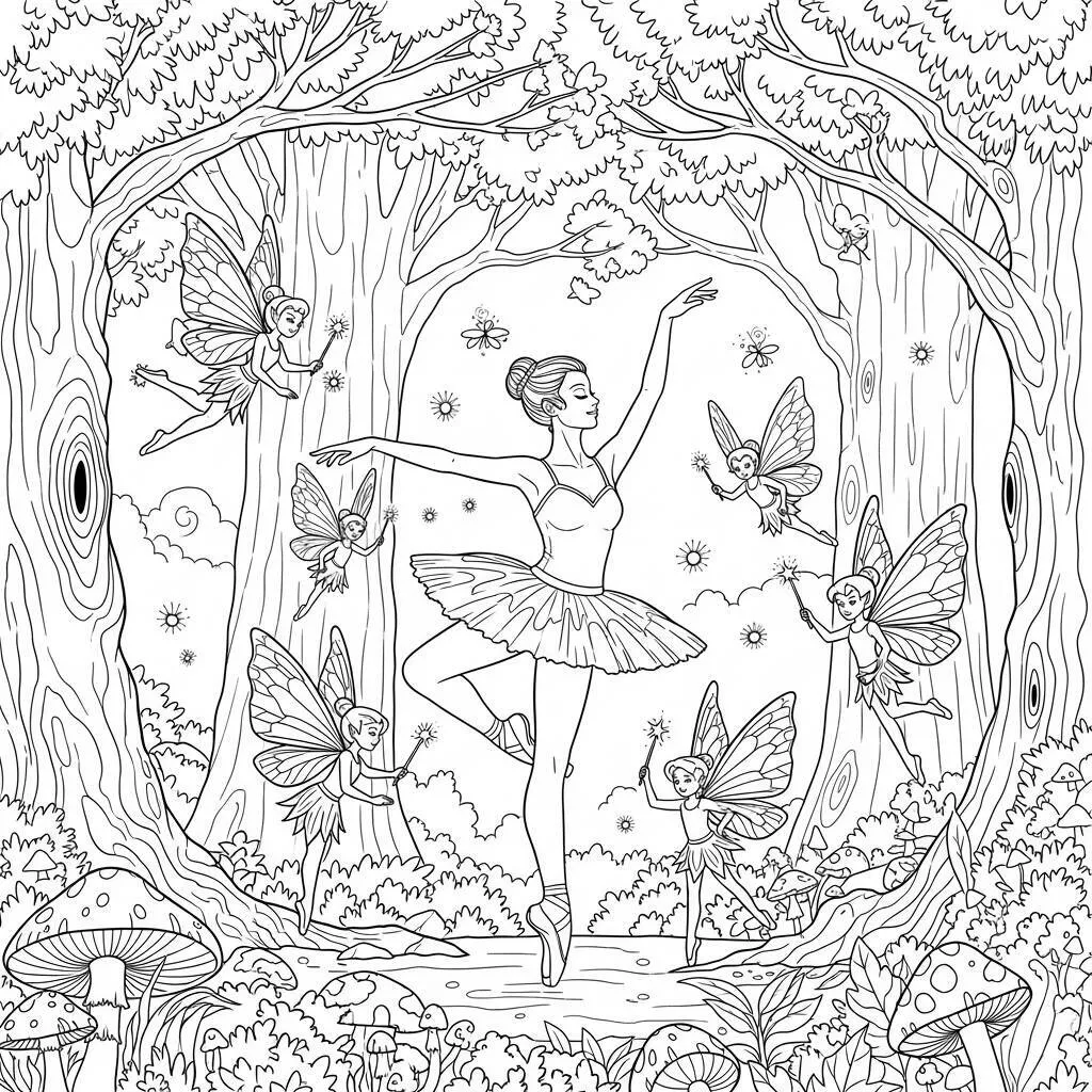 Desenho de Bailarina e Fadas para Colorir