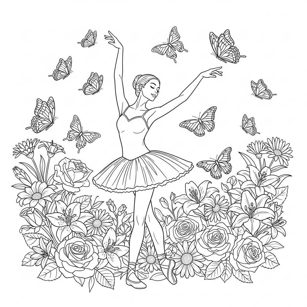 Desenho de Bailarina e Flores para Colorir