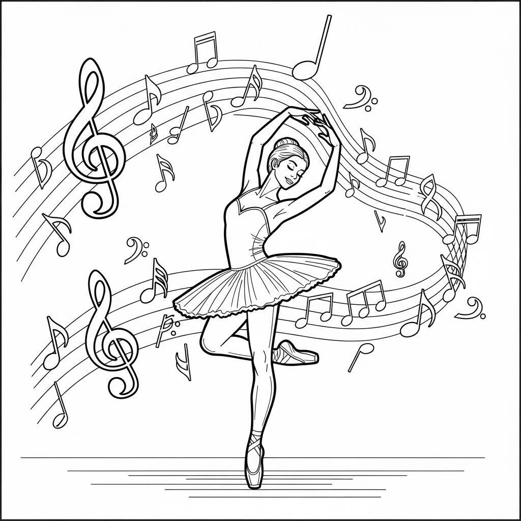 Desenho de Bailarina e Música para Colorir