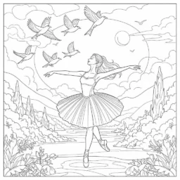 Pagina da colorare di ballerina e uccelli