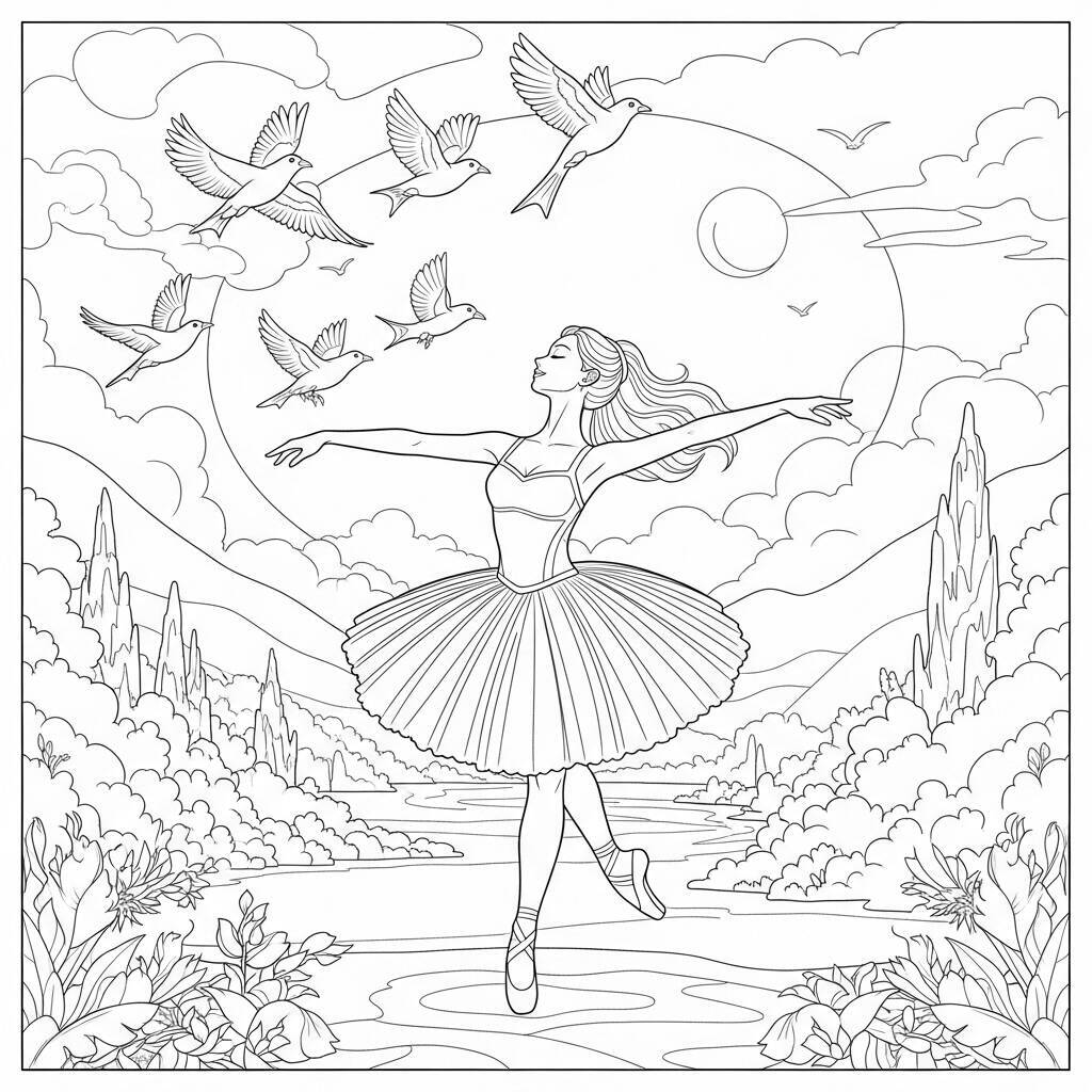 Desenho de Bailarina e Pássaros para Colorir