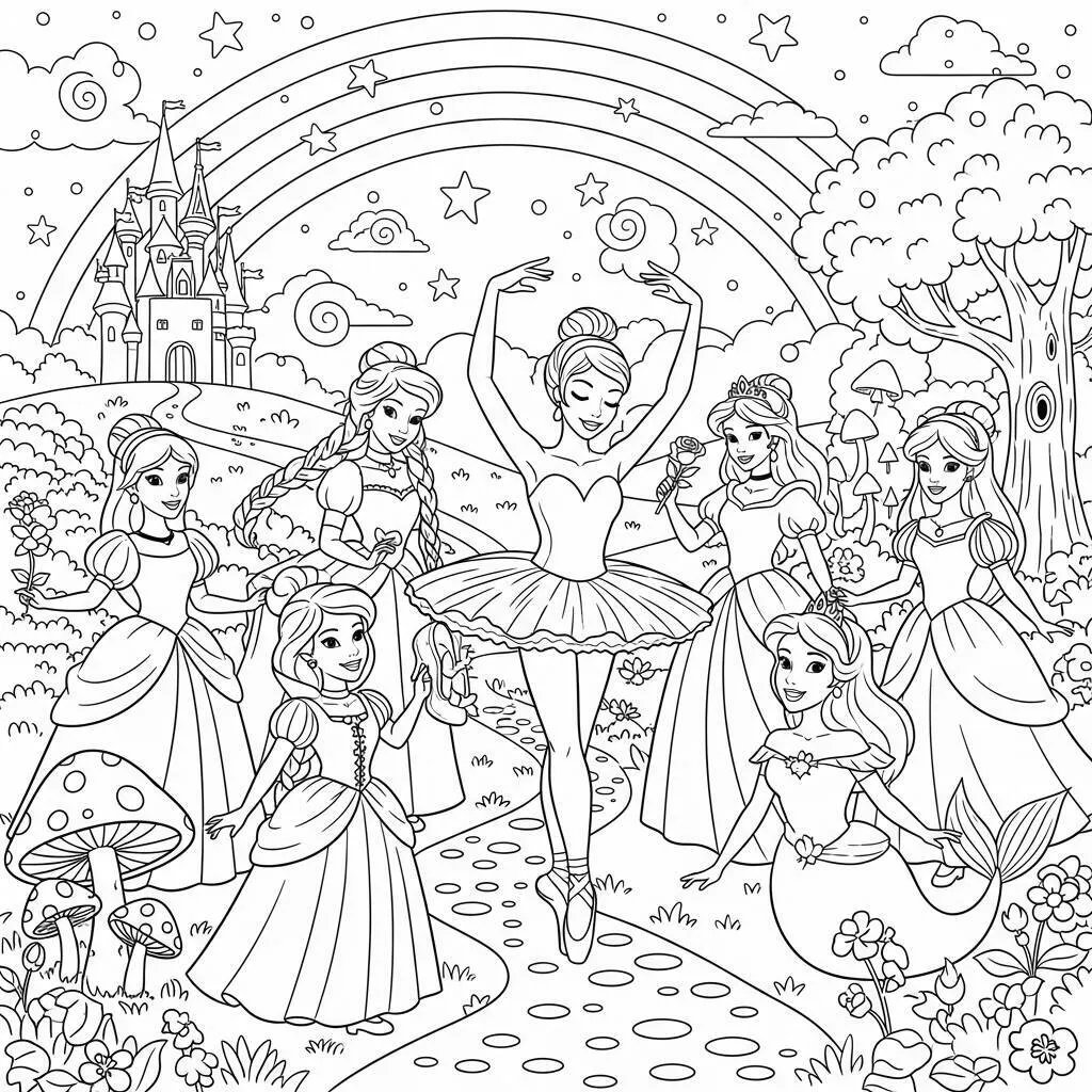 Desenho-de-Bailarina-e-Princesas-para-Colorir Pagina da colorare di ballerine e principesse