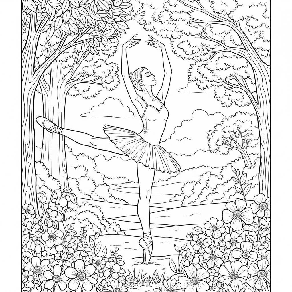 Desenho de Bailarina e a Natureza para Colorir