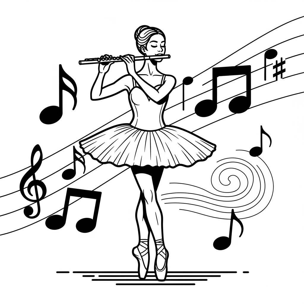 Desenho de Bailarina e um Instrumento Musical para Colorir