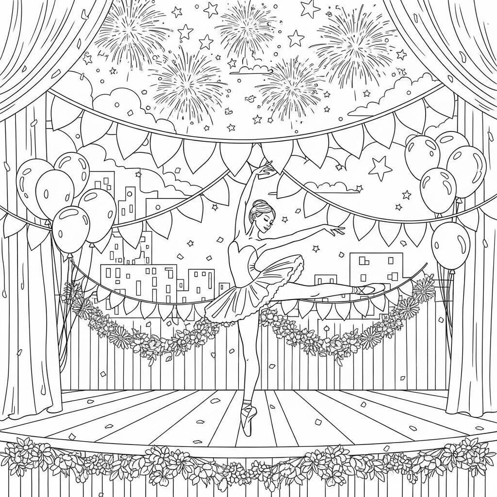 Desenho de Bailarina em um Festival para Colorir