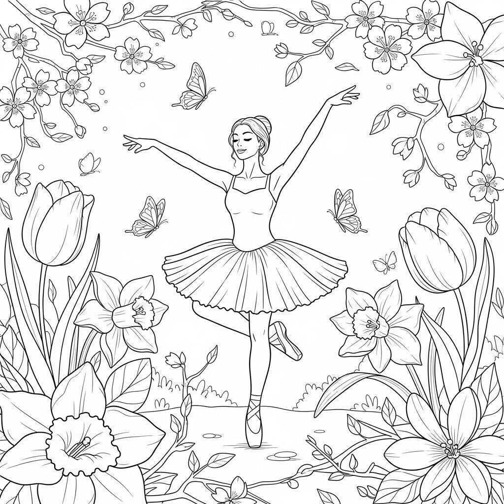 Desenho de Bailarina na Primavera para Colorir