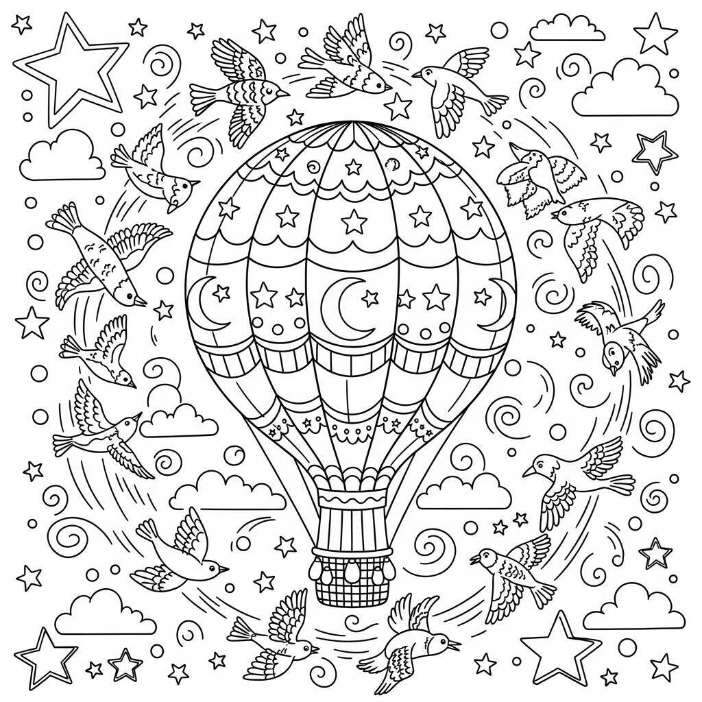 Coloriage ballon avec oiseaux