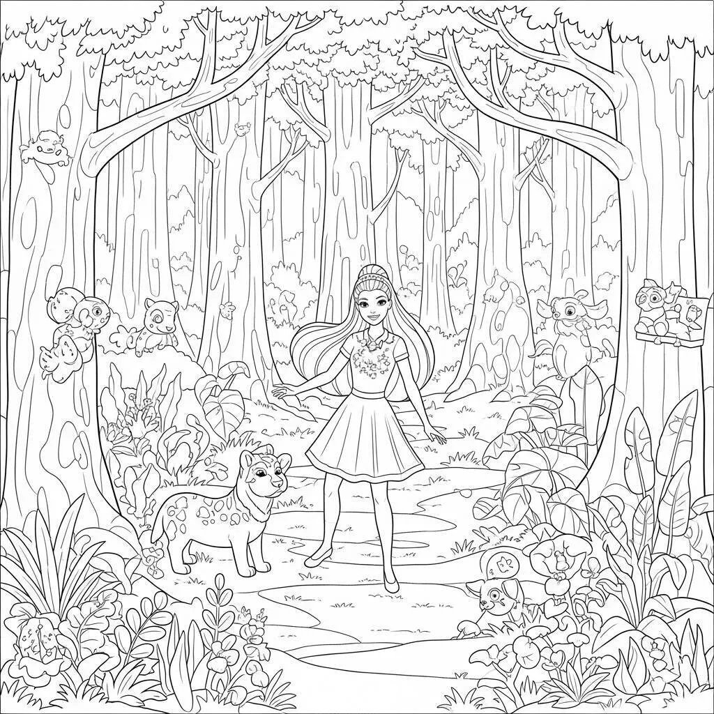 Desenho-de-Barbie-Aventura-na-Floresta-para-Colorir Desenho de Barbie Aventura na Floresta para Colorir