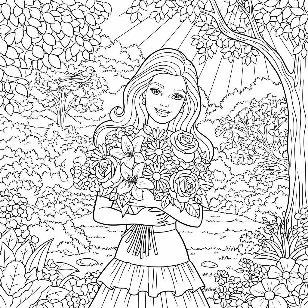 Desenho-de-Barbie-com-Flores-para-Colorir Desenho de Barbie com Flores para Colorir