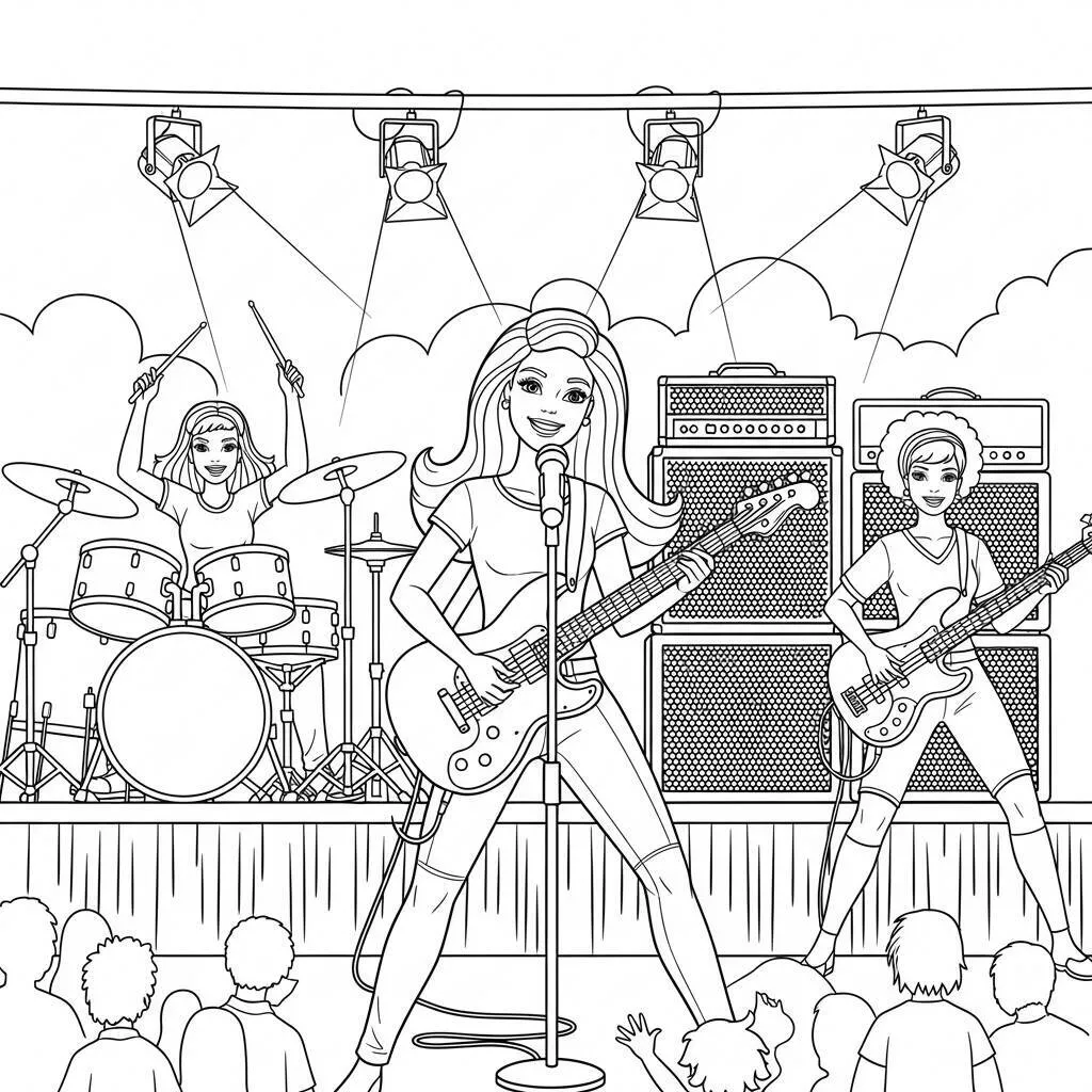 Desenho de Barbie e sua Banda para Colorir
