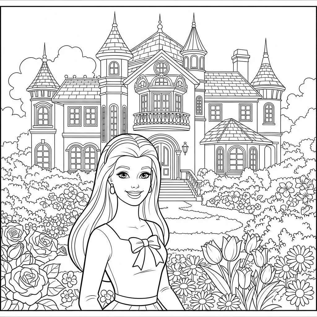 Desenho-de-Barbie-e-sua-Casa-dos-Sonhos-para-Colorir Coloriage Barbie et sa maison de rêve