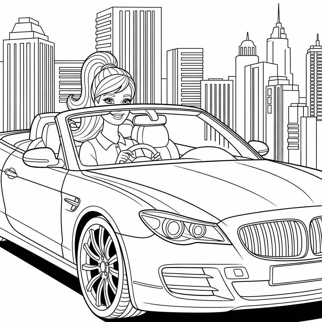 Ausmalbilder Barbie in einem Luxusauto