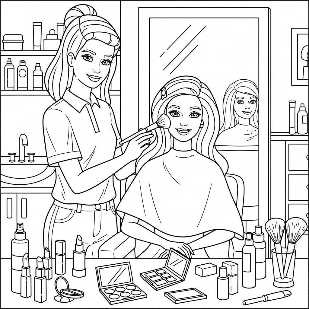 Desenho de Barbie em um Estúdio de Beleza para Colorir
