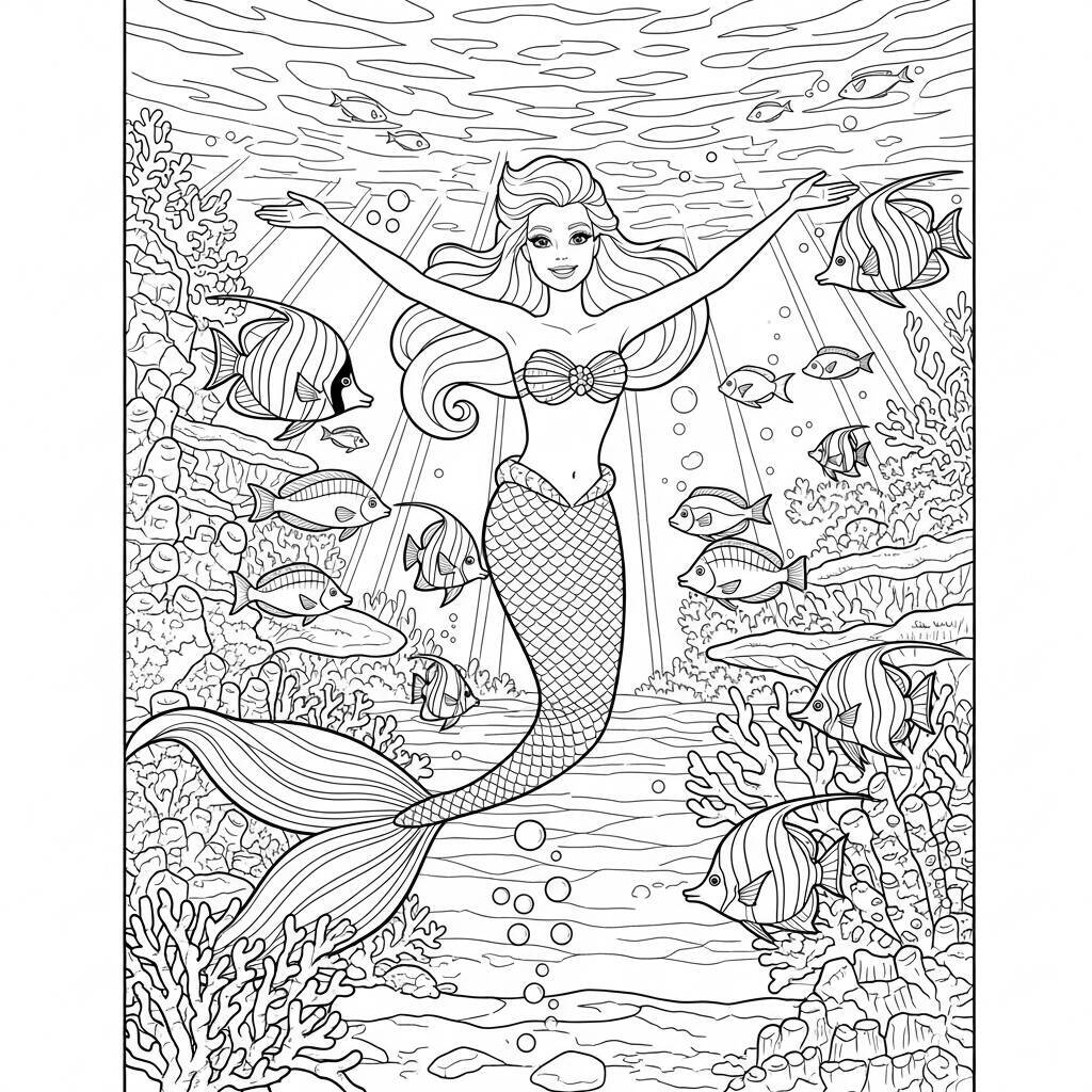 Ausmalbilder Barbie in einer Unterwasserwelt