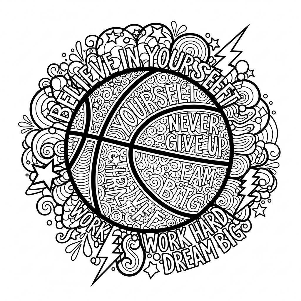 Dessin de basket-ball avec des phrases de motivation à colorier