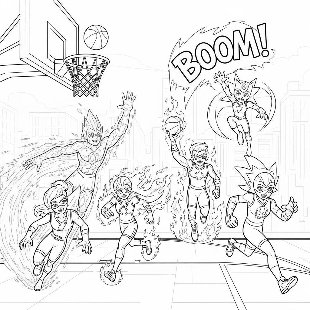 Coloriage de basket-ball avec des super-héros