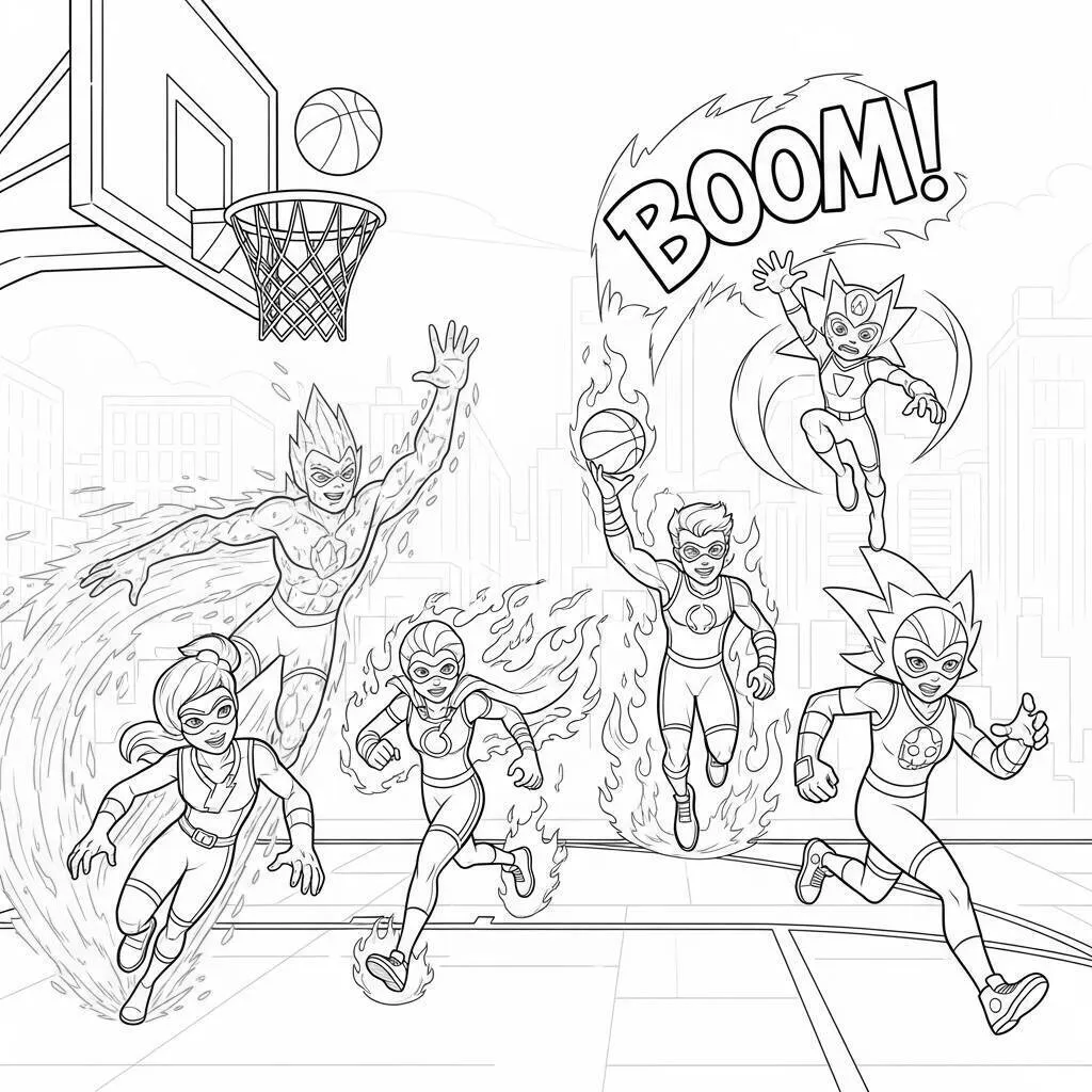 Desenho de Basquetebol com Super-Heróis para Colorir