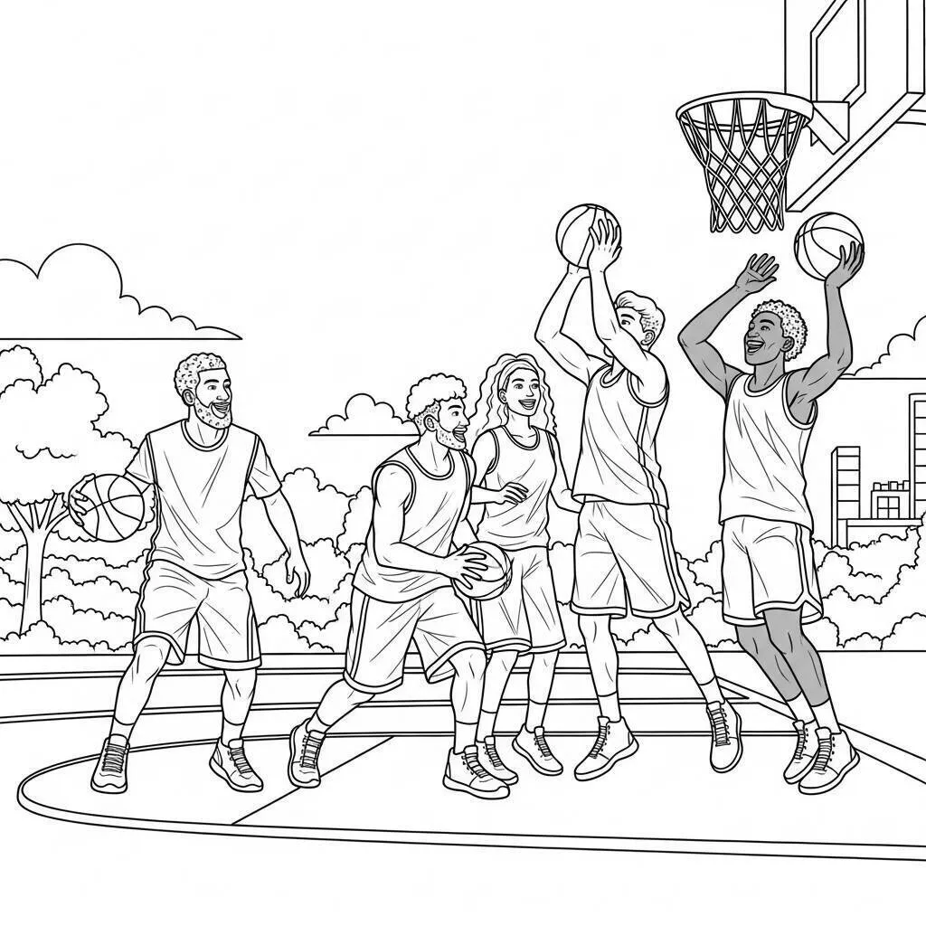 Desenho de Basquetebol e Amizade para Colorir
