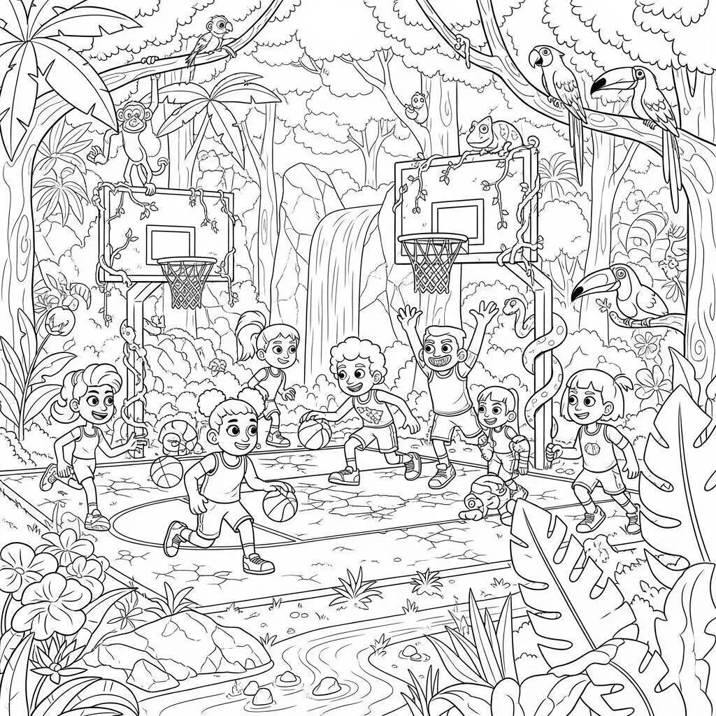 Desenho-de-Basquetebol-e-Aventura-para-Colorir Basketball and Adventure Coloring Page