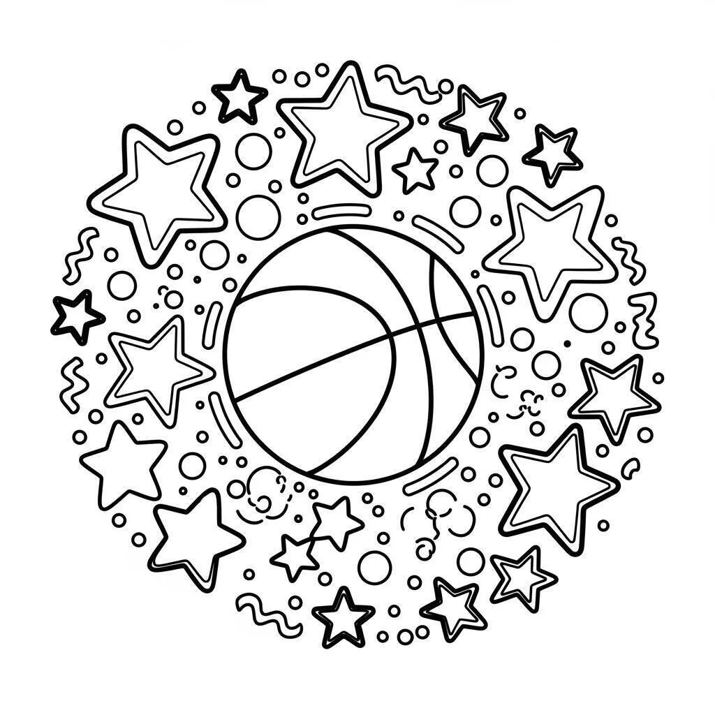 Desenho-de-Basquetebol-e-Estrelas-para-Colorir Desenho de Basquetebol e Estrelas para Colorir