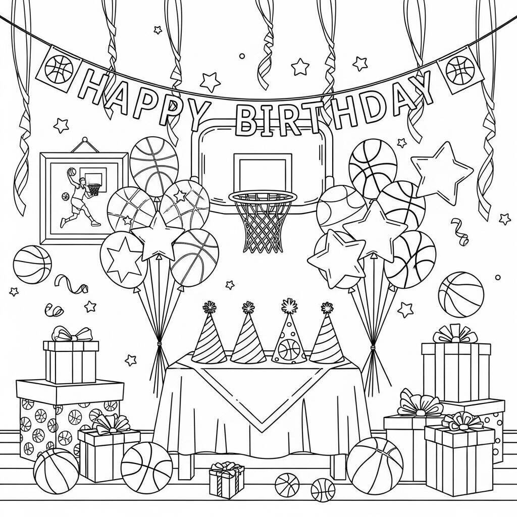 Coloriage de basket-ball et de fêtes