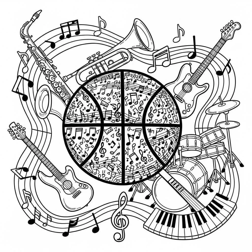 Desenho de Basquetebol e Música para Colorir