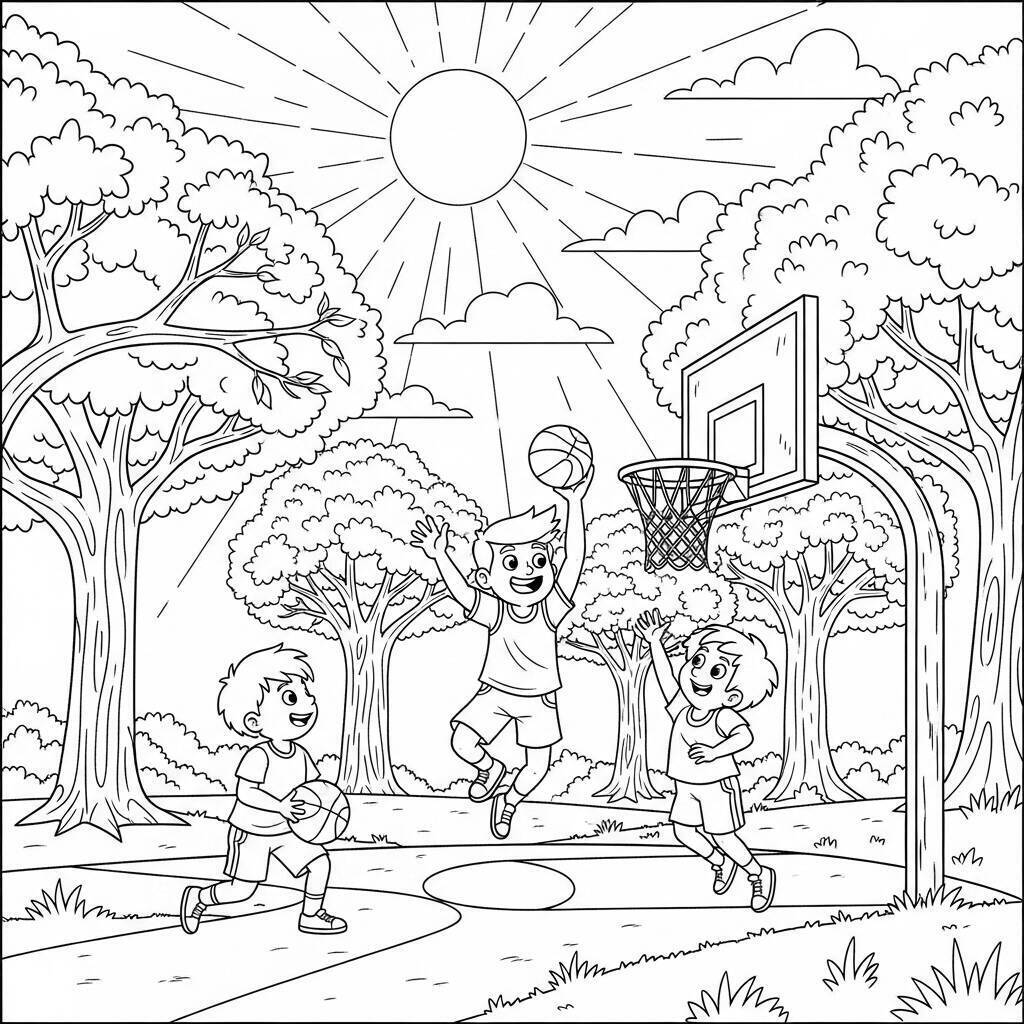 Coloriage de basket-ball dans un parc