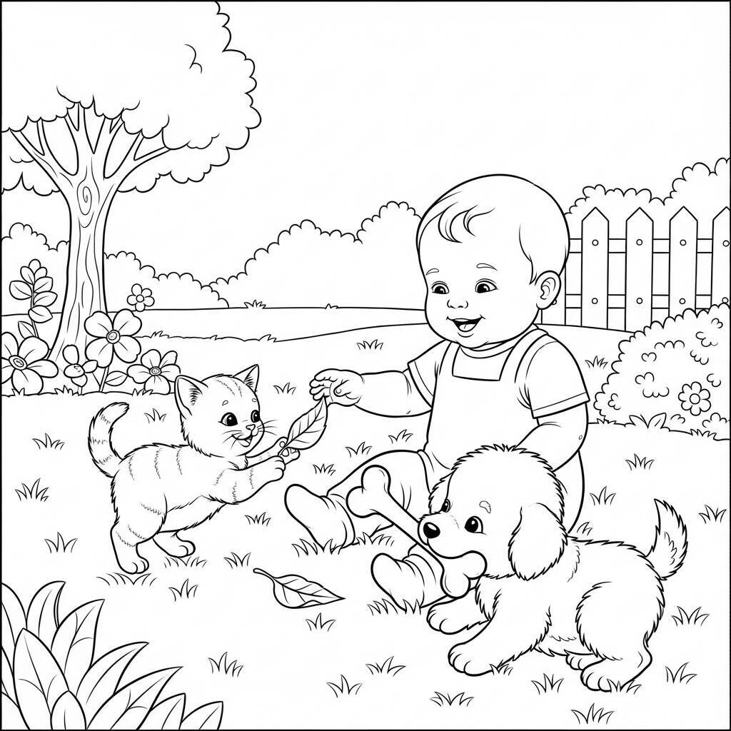 Coloriage bébé avec des animaux de compagnie