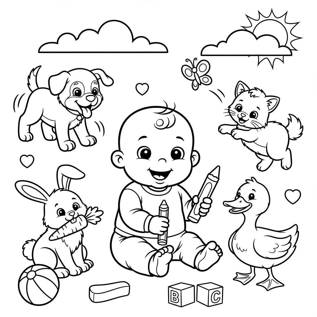 Desenho de Bebê com Animais para Colorir