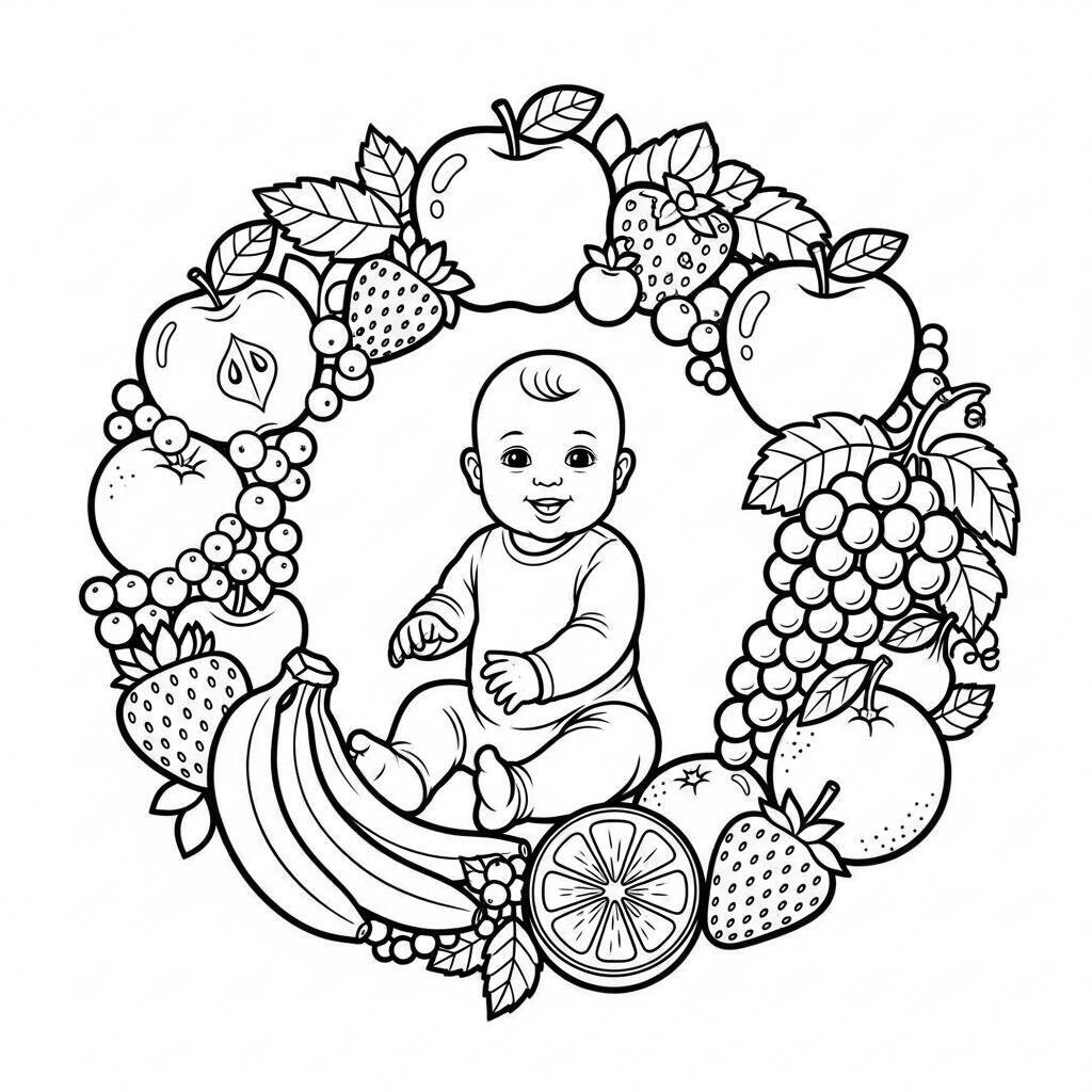 Coloriage bébé avec des fruits