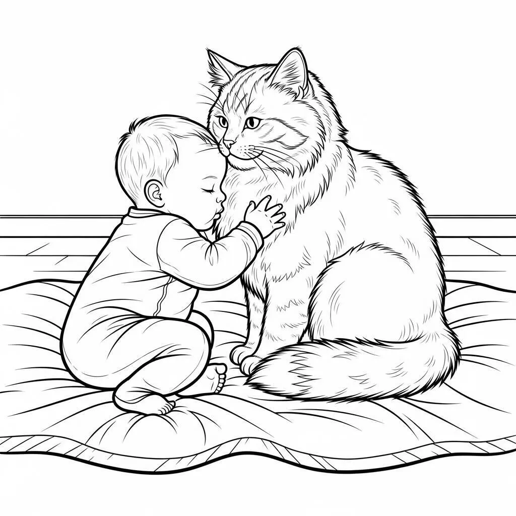 Desenho de Bebê com Gato para Colorir