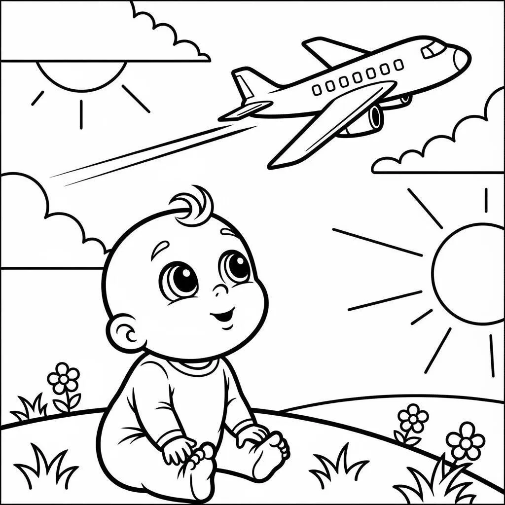 Desenho de Bebê e Avião para Colorir