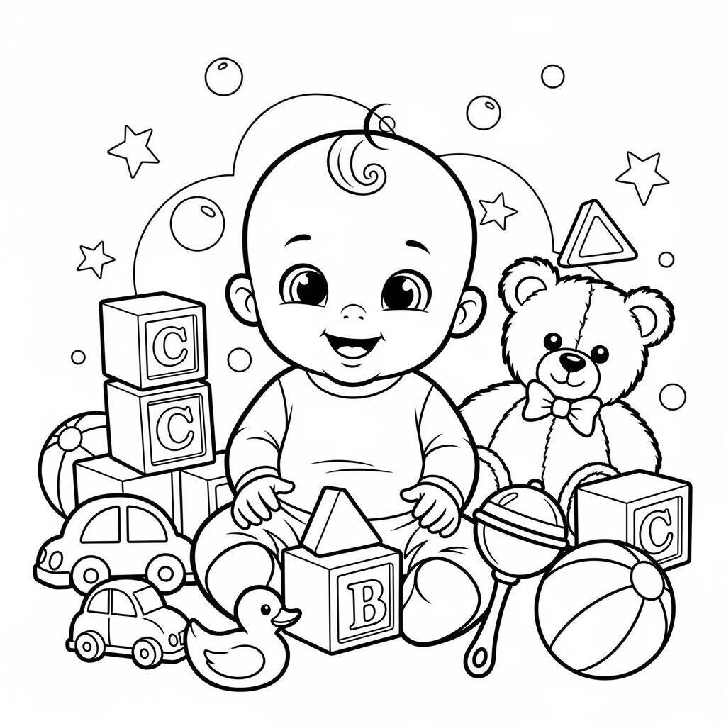 Desenho de Bebê e Brinquedos para Colorir