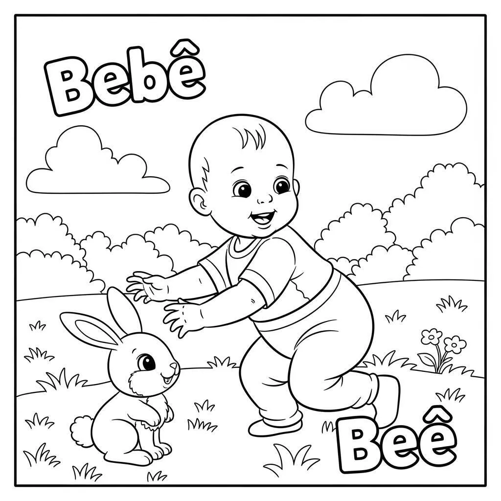 Desenho de Bebê e Coelho para Colorir