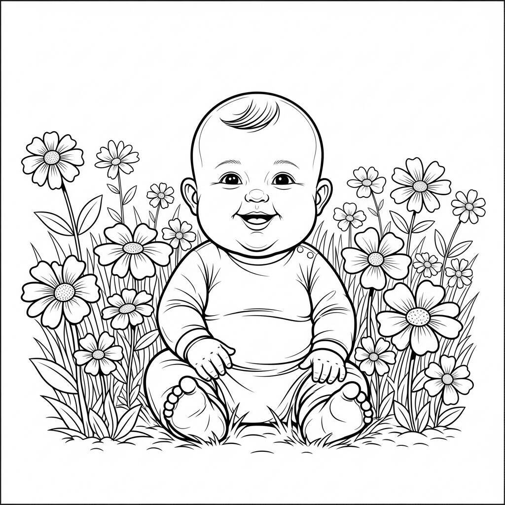 Coloriage bébé et fleurs
