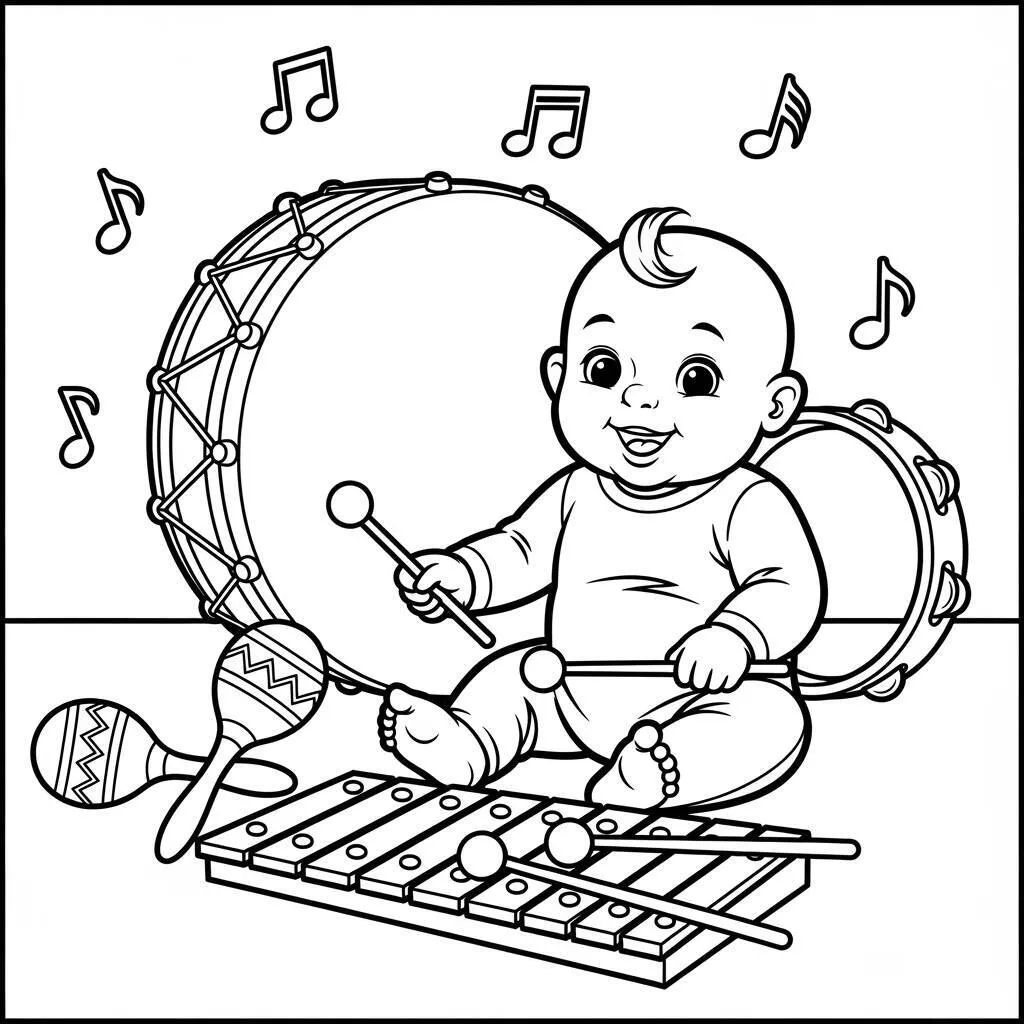 Desenho de Bebê e Música para Colorir