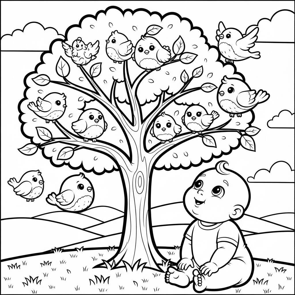 Coloriage bébé et oiseaux