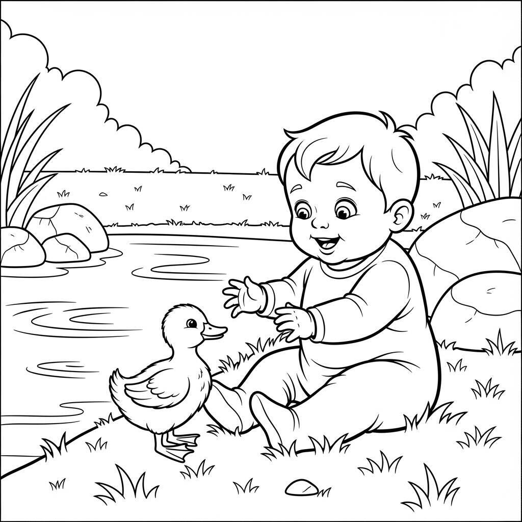 Coloriage bébé et canard