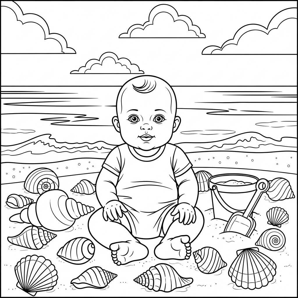 Coloriage bébé et plage