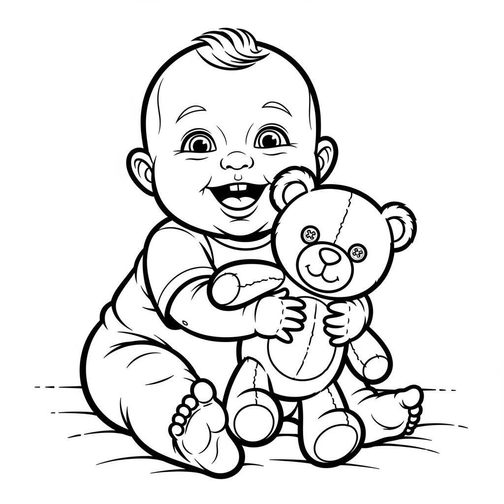 Coloriage bébé et ours en peluche