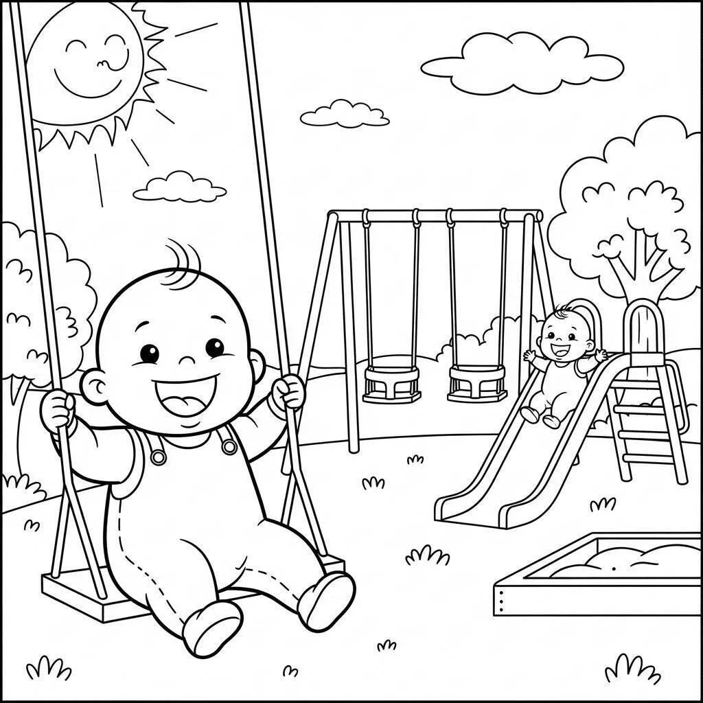 Desenho-de-Bebe-e-a-Diversao-no-Playground-para-Colorir Desenho de Bebê e a Diversão no Playground para Colorir
