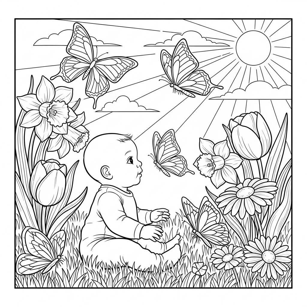 Coloriage bébé et printemps