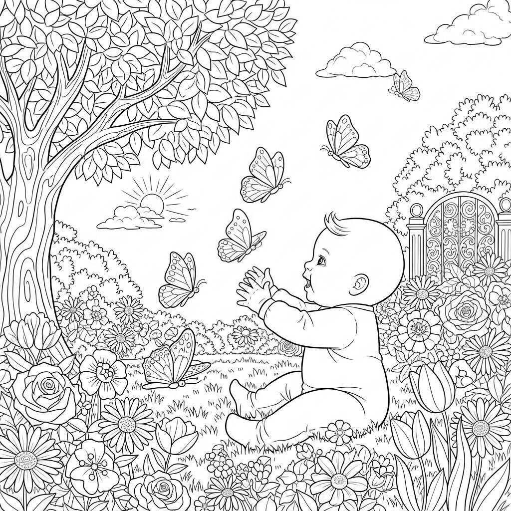 Coloriage Bébé dans le jardin